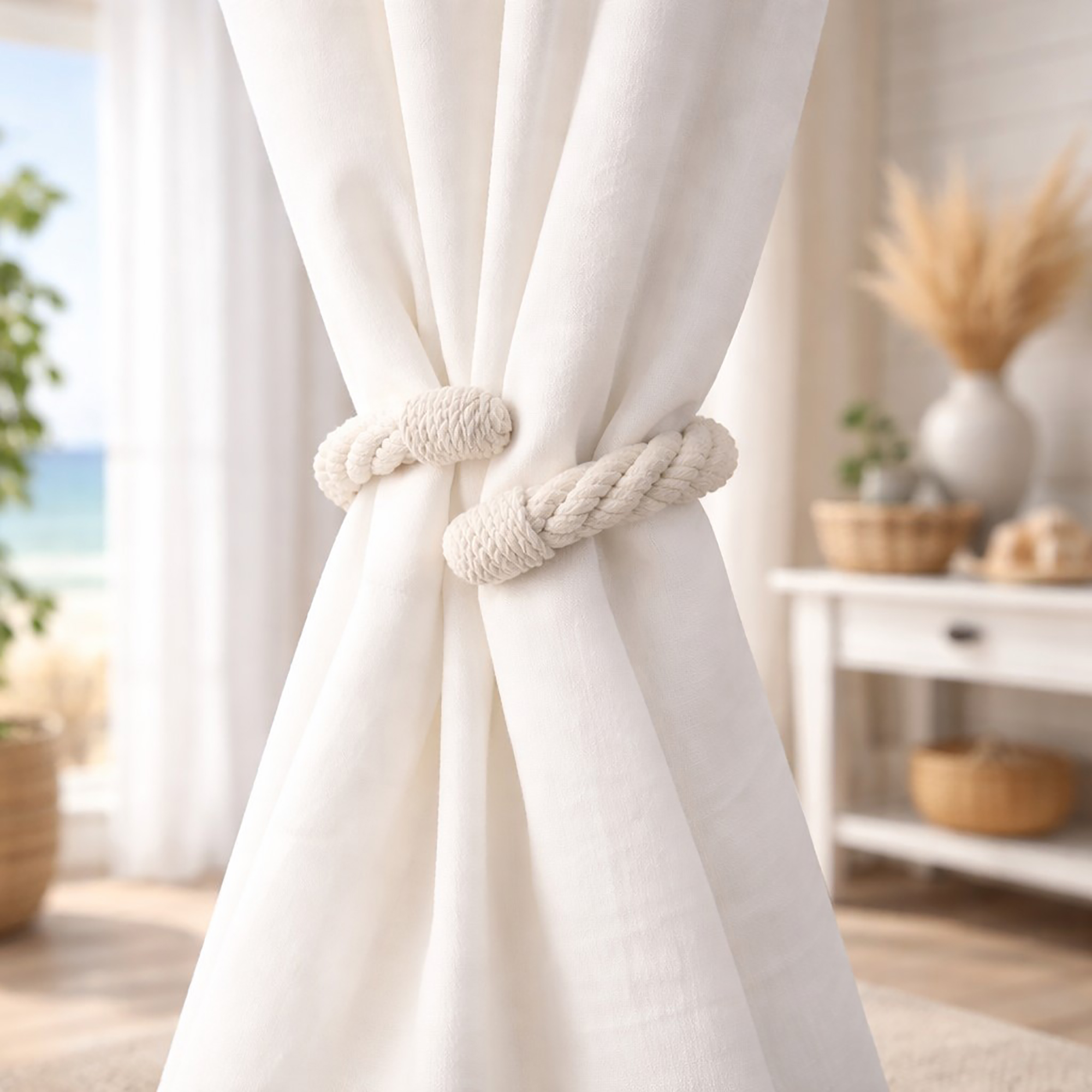 "White rope tieback securing draped curtain in a coastal-style room"