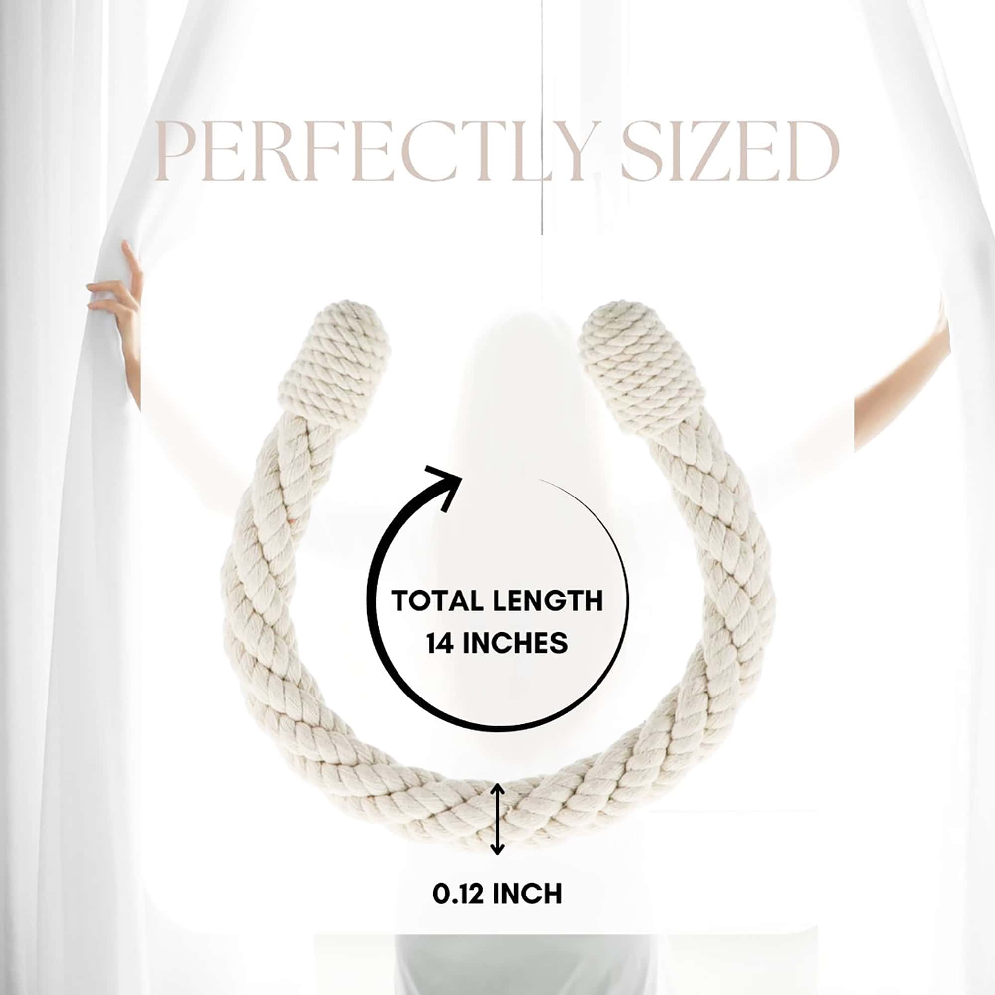 "Rope tieback size diagram showing 14-inch total length and 0.12-inch thickness"