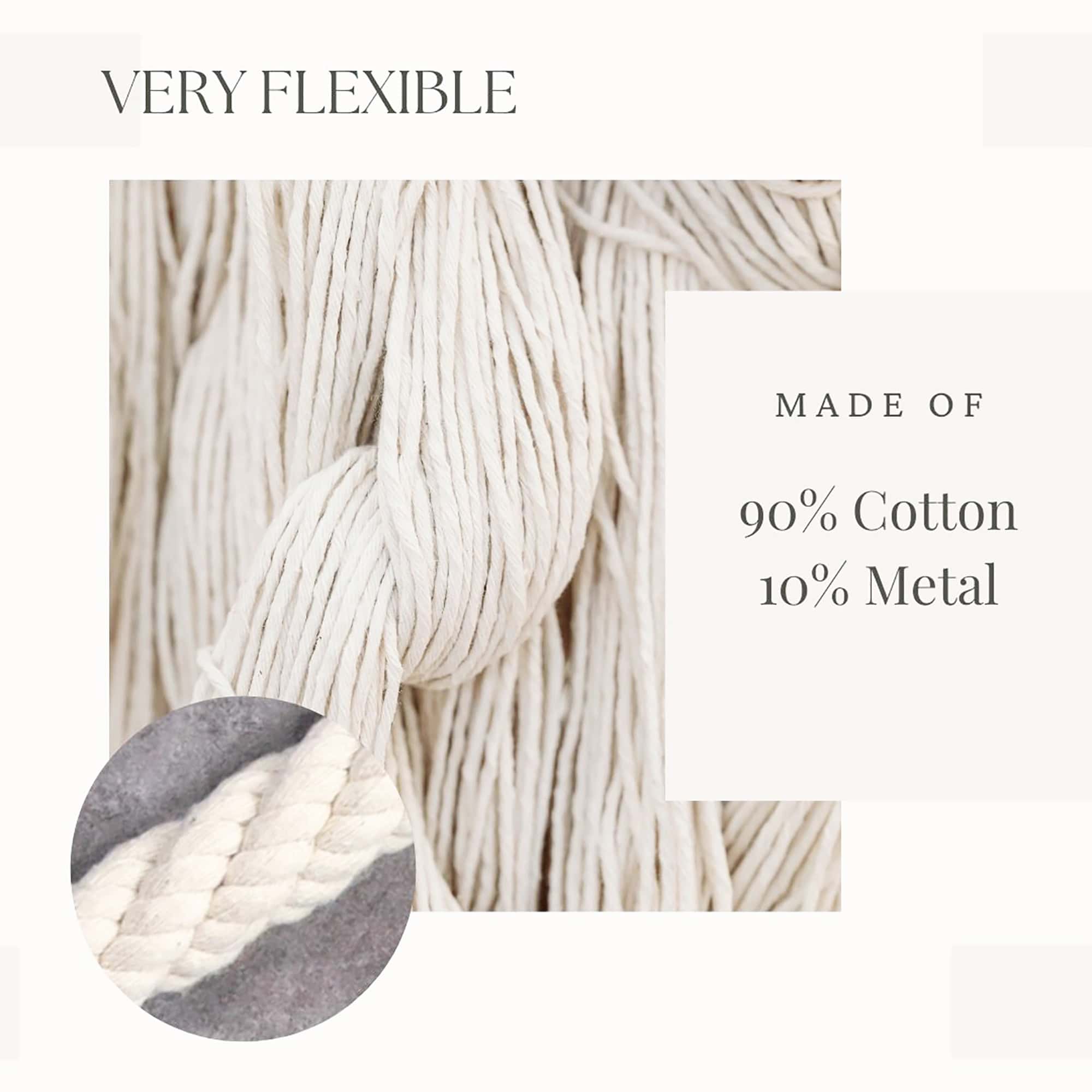 "Close-up of cotton rope fibers with text: 90% Cotton, 10% Metal"