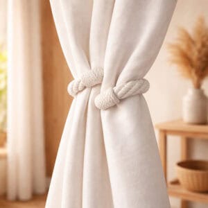 "White rope tieback gathering curtain panels in a warm boho-style room"