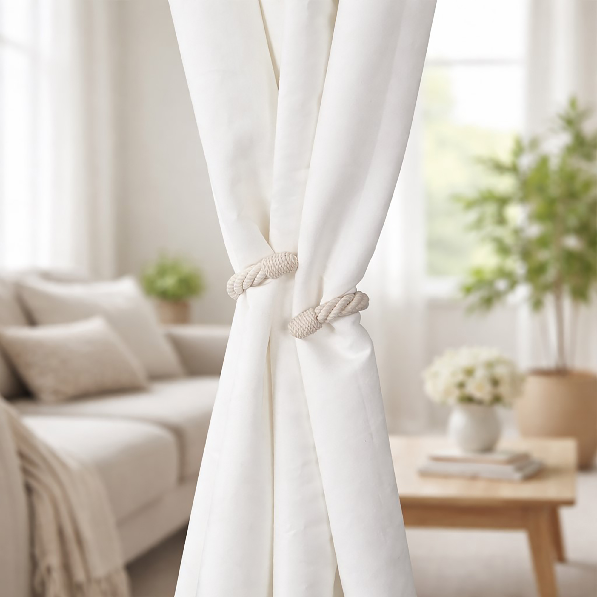White rope tieback holding sheer curtain in a bright living room