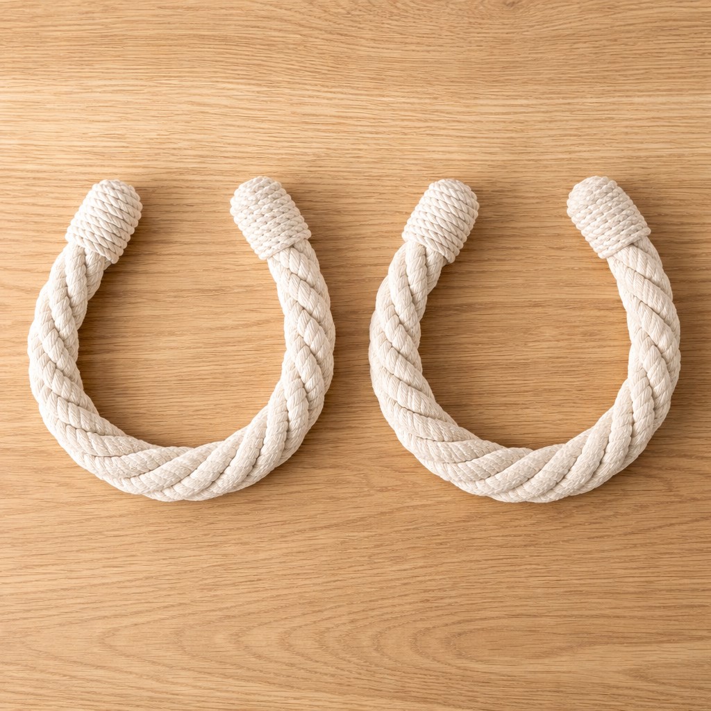 "Chalk white twisted rope tiebacks in U-shape on wooden surface"