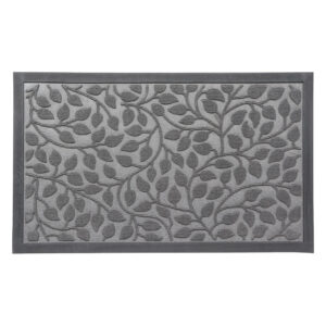 Rubber doormat with gray leaf pattern – top view on white background