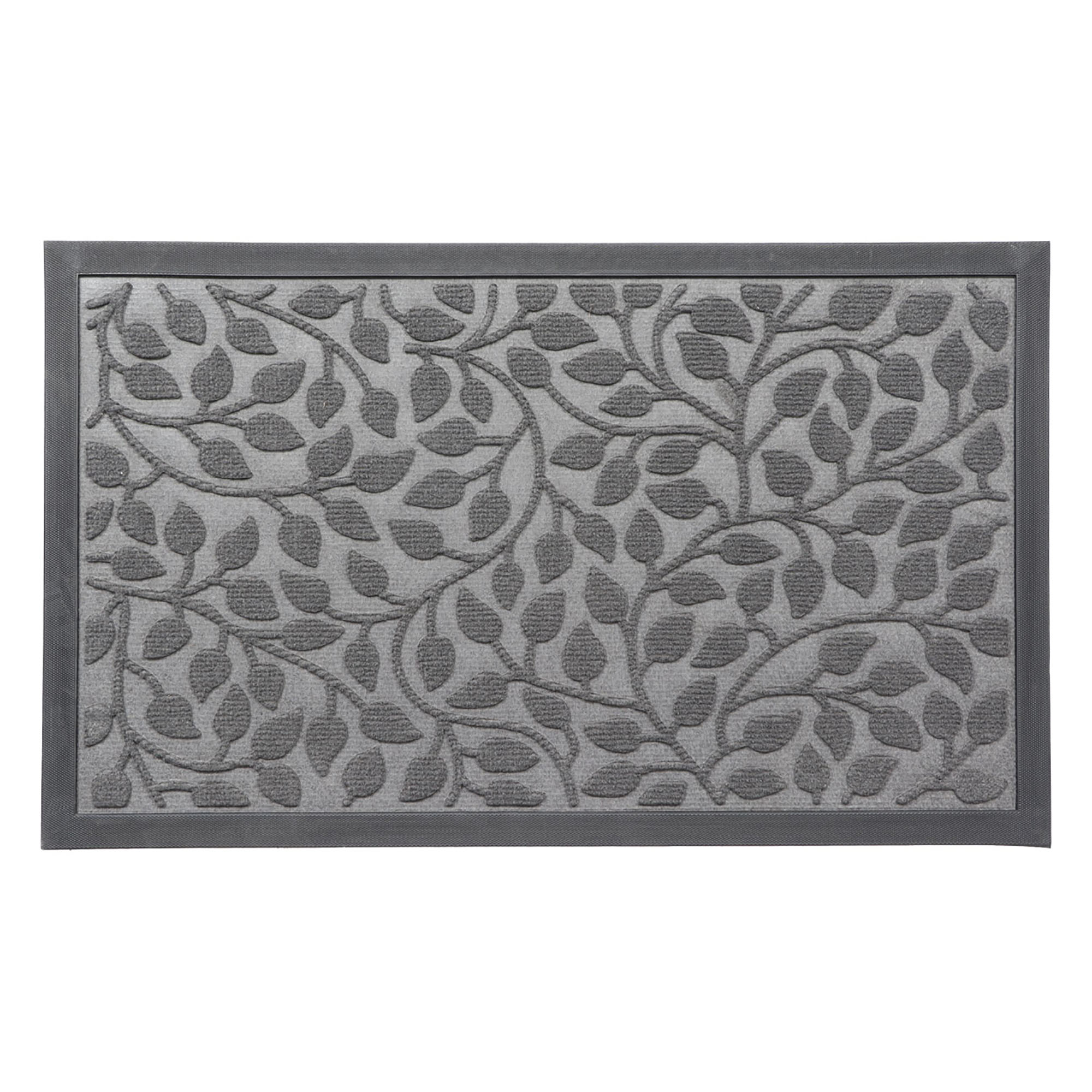 Rubber doormat with gray leaf pattern – top view on white background