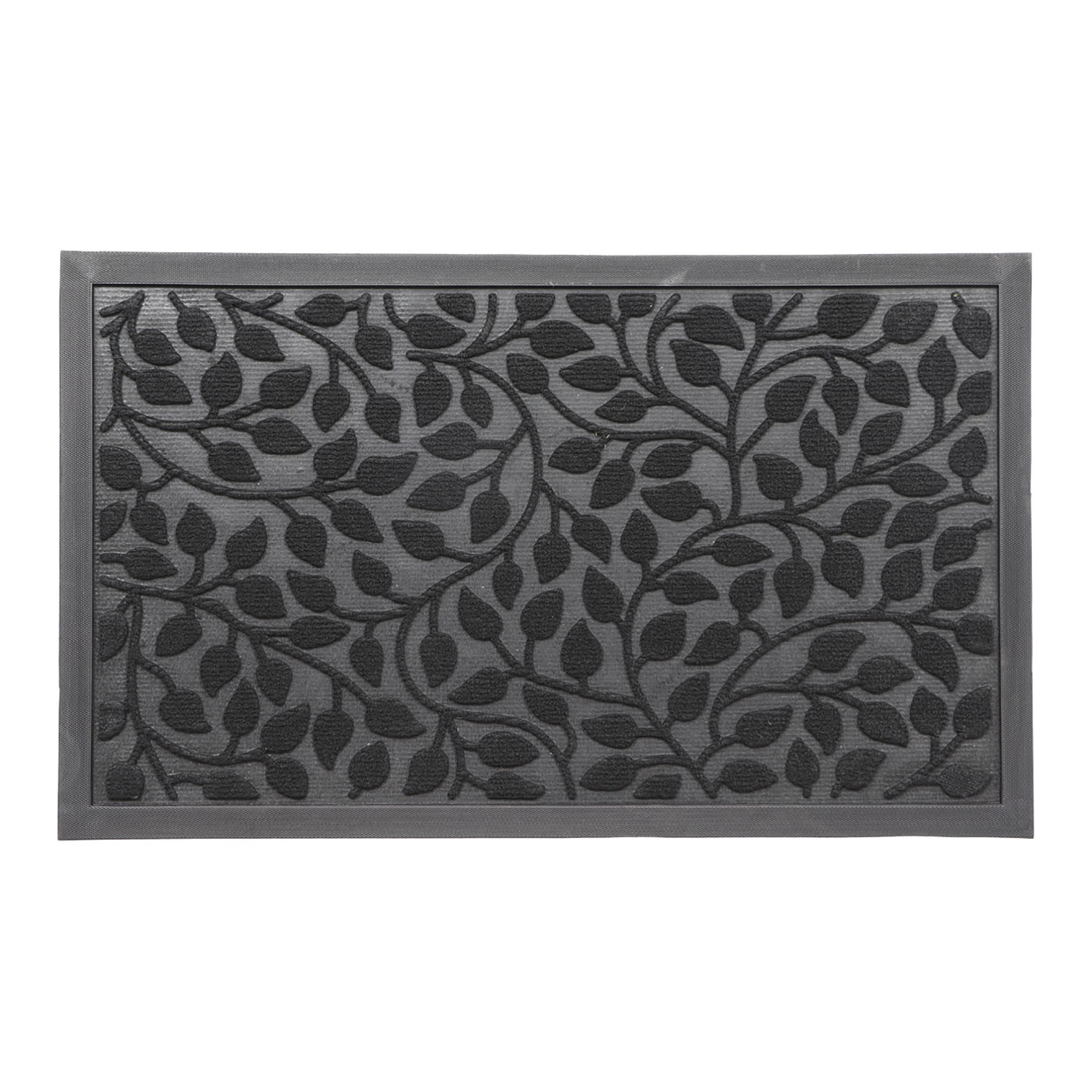 Rubber doormat with black leaf pattern – top view on white background