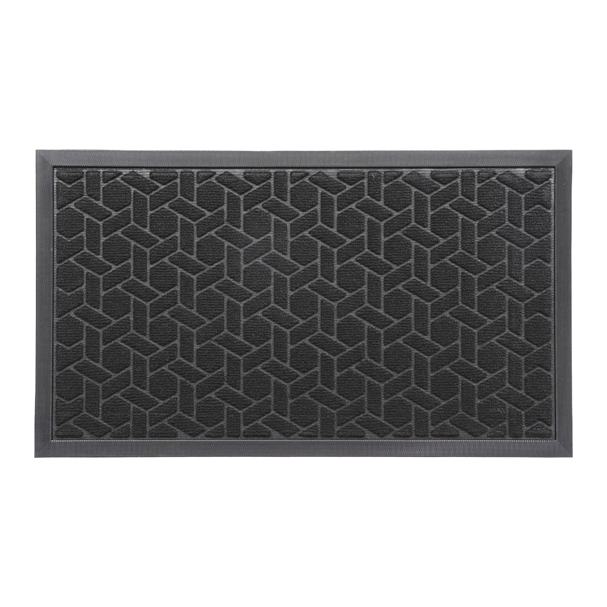 Rubber doormat with black geometric cube pattern – top view