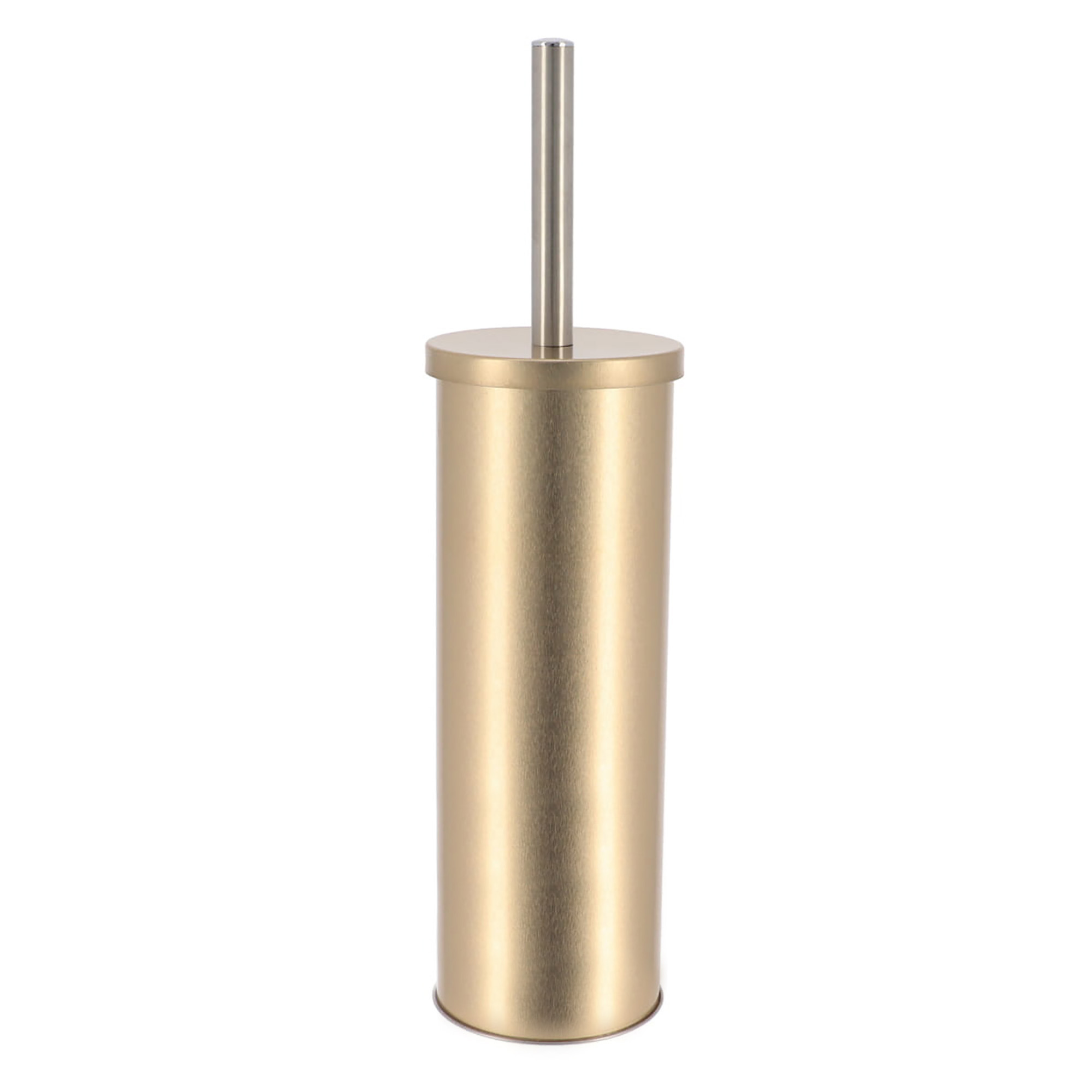 Brushed gold toilet brush holder with stainless steel handle on white background