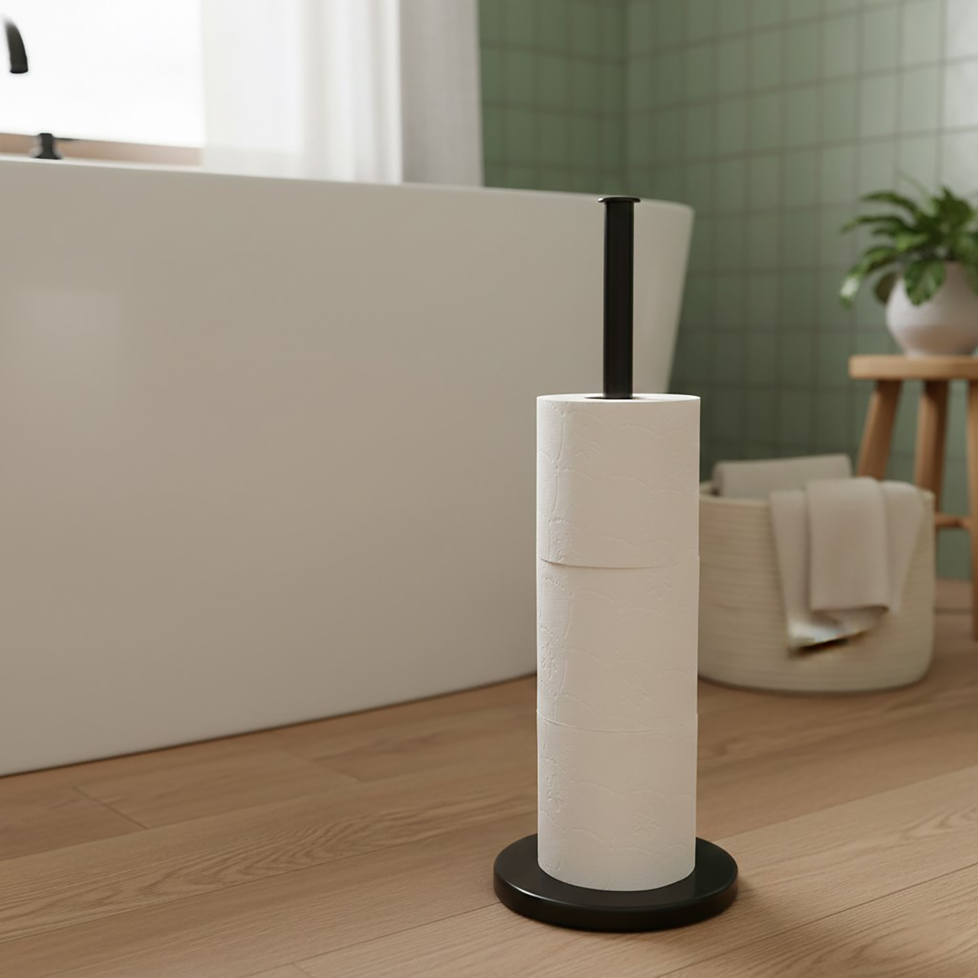 Freestanding toilet paper holder with brushed stainless steel rod and base, holding stacked white rolls2:59 PMMinimalist black metal toilet paper holder with round base, holding stacked white rolls vertically