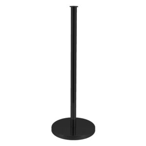 Black freestanding toilet paper holder with sleek metal rod and round base
