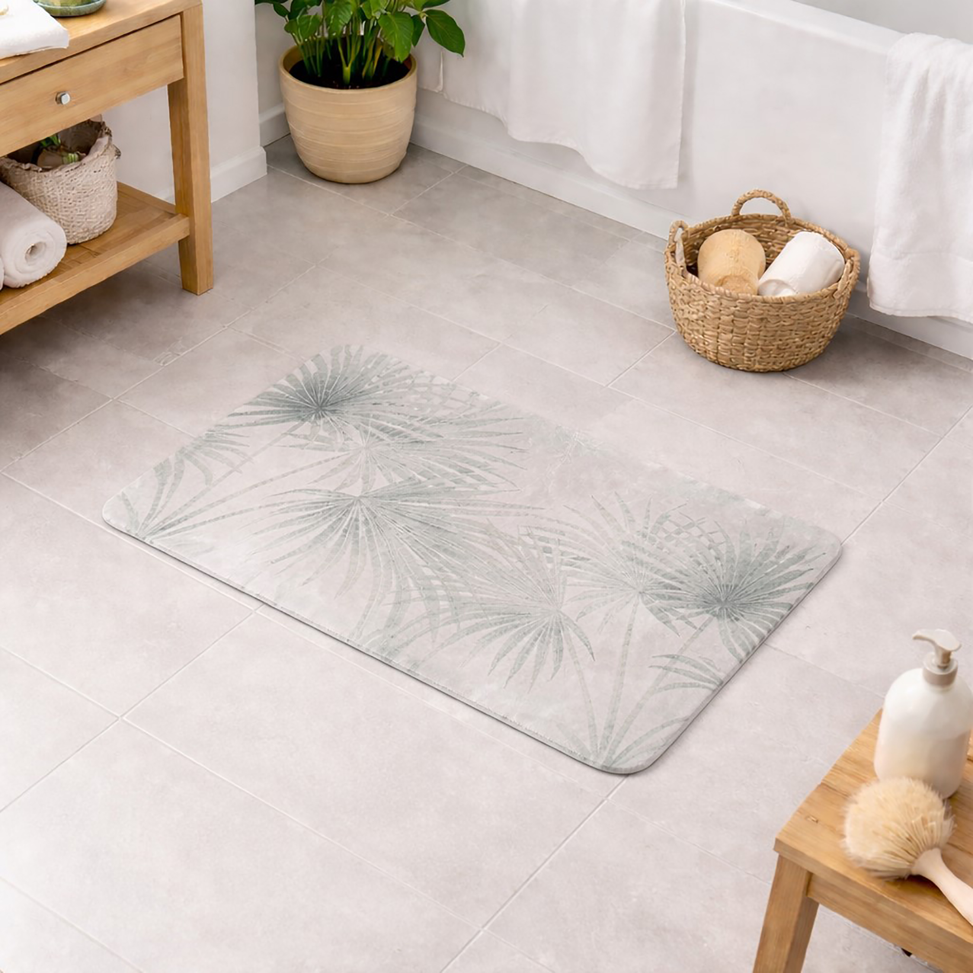 Light gray bath mat with subtle palm leaf pattern on a bathroom floor, surrounded by a wooden shelf, woven basket with bath accessories, bathtub, and soap dispenser with brush.