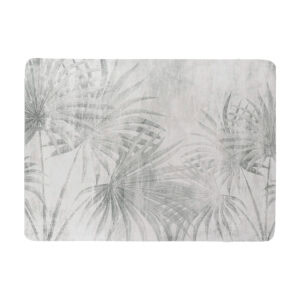 Soft gray bath mat with palm leaf design and textured backdrop, displayed flat for full pattern visibility