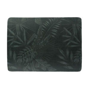 Dark green bath mat featuring deep tropical leaf design with a moody spa-inspired look, shown flat from above
