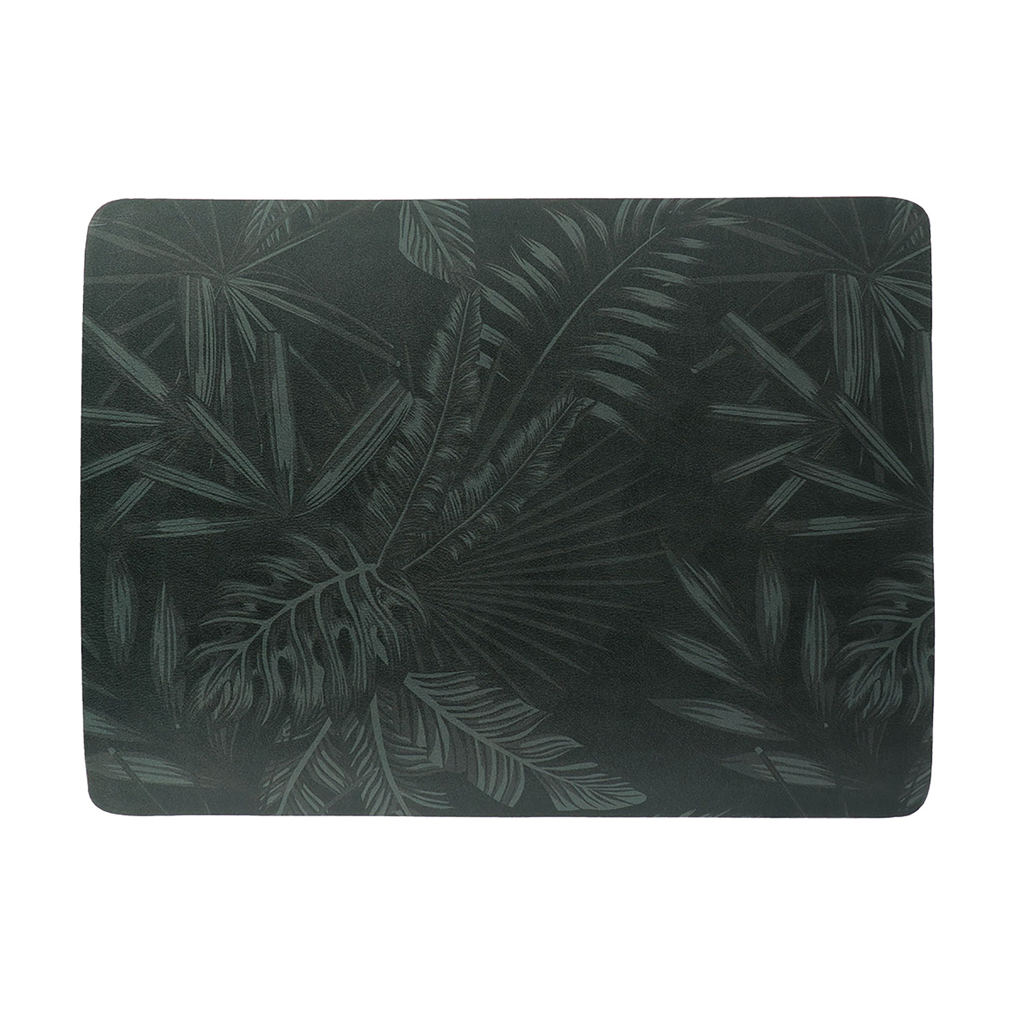 Dark green bath mat featuring deep tropical leaf design with a moody spa-inspired look, shown flat from above
