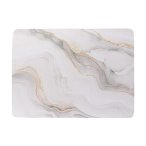 Bath mat with elegant marble swirl design in soft neutrals and gold-like accents, shown flat from a top-down perspective
