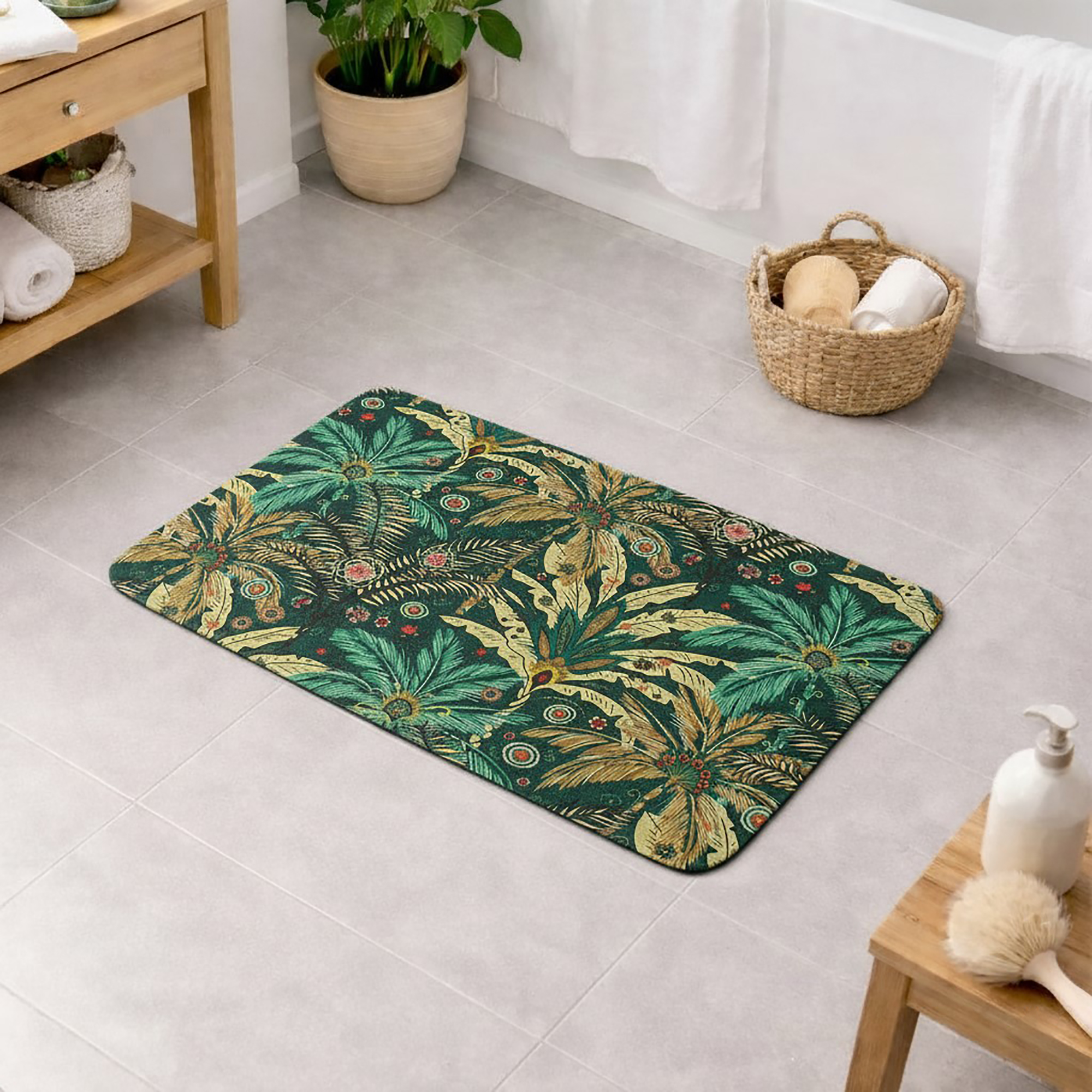 Bath mat with dark green background and vibrant tropical jungle floral pattern on a bathroom floor, surrounded by a wooden shelf, woven basket with bath accessories, bathtub, and soap dispenser with brush.