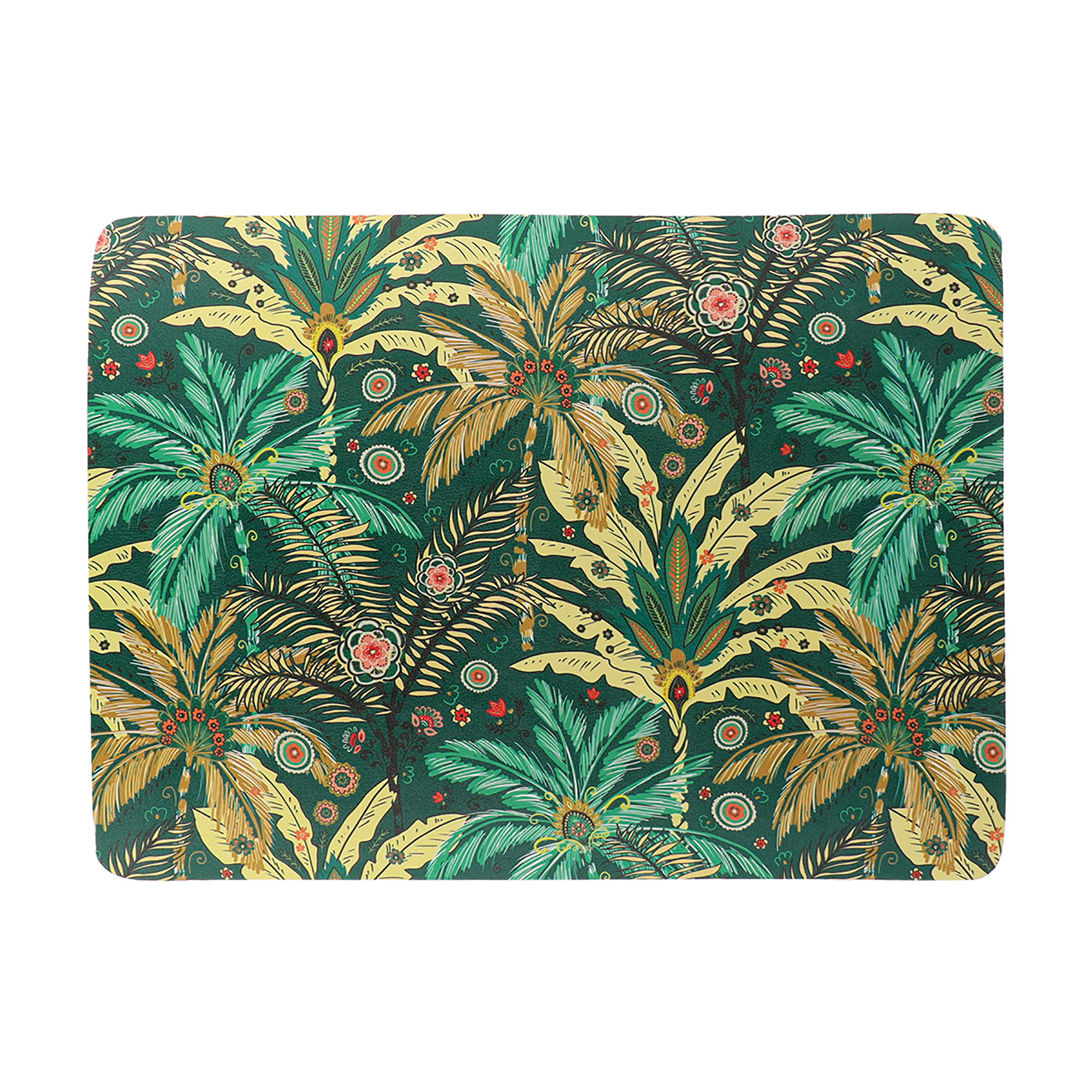 Bath mat with lush green tropical leaves and colorful floral patterns, shown flat from a top-down angle for full visibility