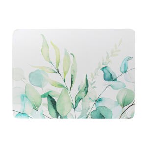 Bath mat with soft eucalyptus leaf pattern in muted green tones, shown flat to display botanical spa-inspired design