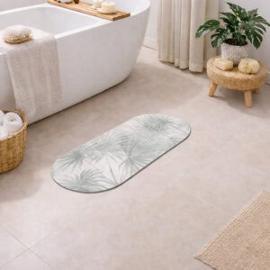 Oval runner bath mat with light gray palm leaf pattern on a bathroom floor next to a freestanding tub, woven stool with plant, wicker basket with towels, and jute rug.