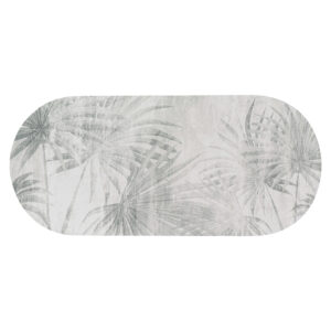 Soft gray runner mat with palm leaf pattern and rounded edges, shown flat to highlight full design