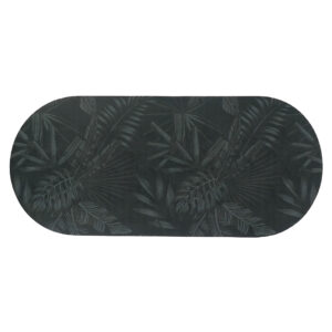 Oval bath mat with deep green tropical foliage and rounded edges, shown flat to highlight full leafy design