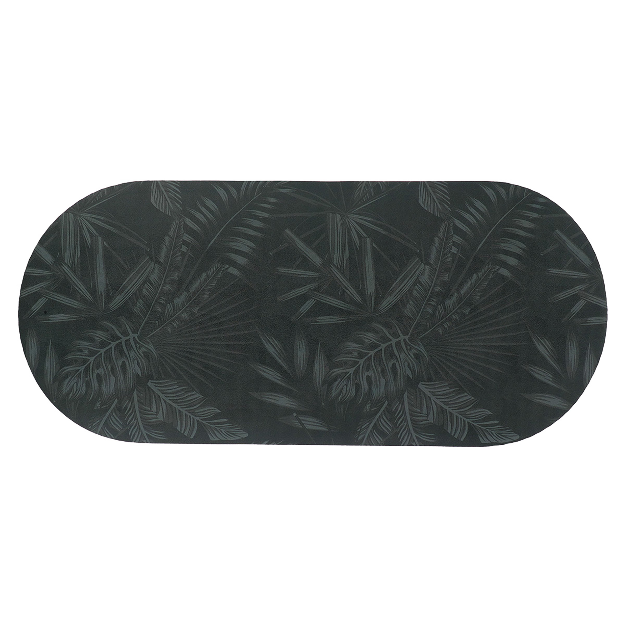 Oval bath mat with deep green tropical foliage and rounded edges, shown flat to highlight full leafy design