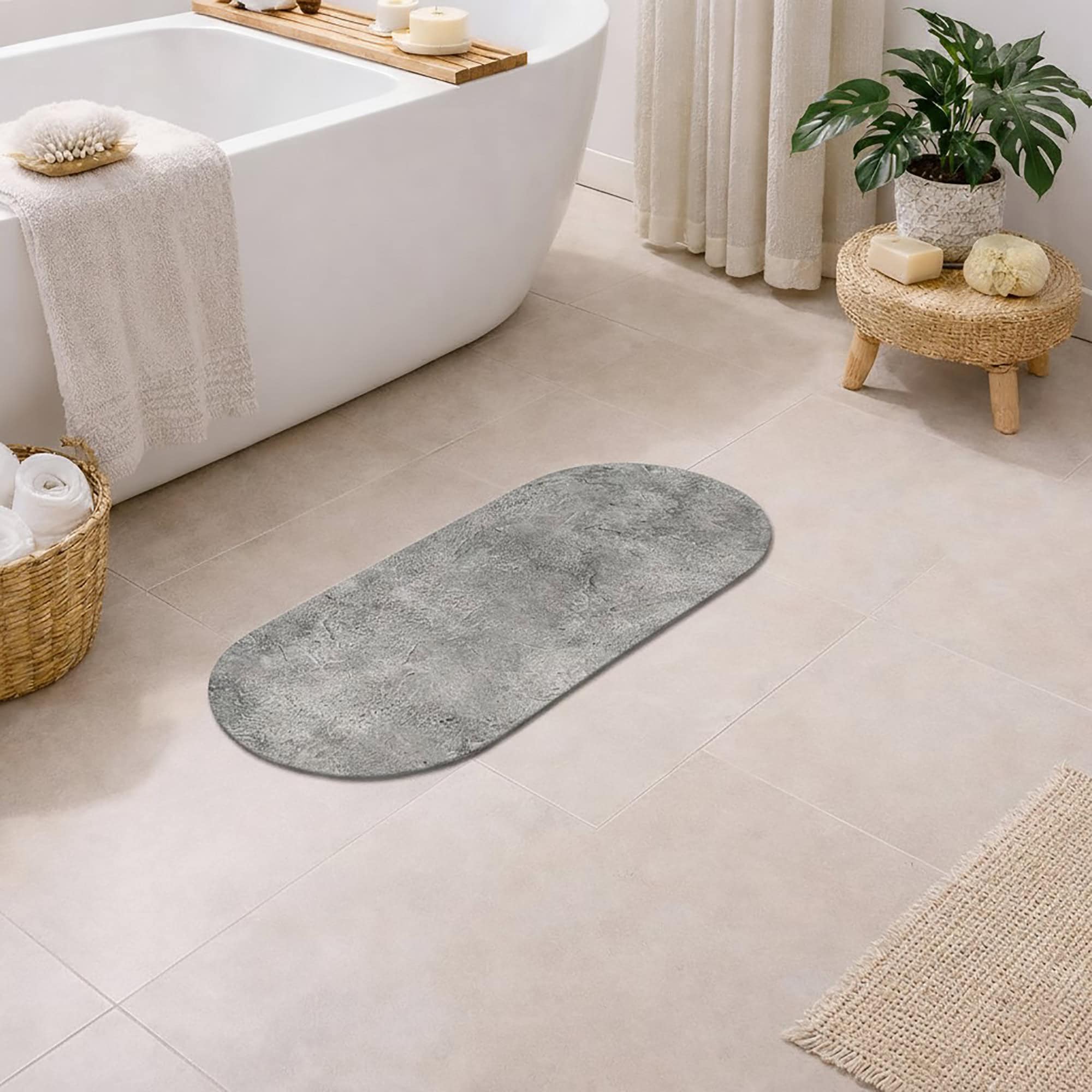 Oval runner bath mat with gray concrete texture on a bathroom floor next to a freestanding tub, woven stool with plant, wicker basket with towels, and jute rug.