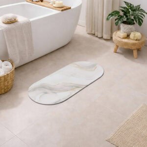 Oval runner bath mat with white and gold marble vein pattern on a bathroom floor next to a freestanding tub, woven stool with plant, wicker basket with towels, and jute rug.