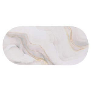 Oval bath mat with soft marble swirl design and golden-style veining, displayed flat to show elegant surface