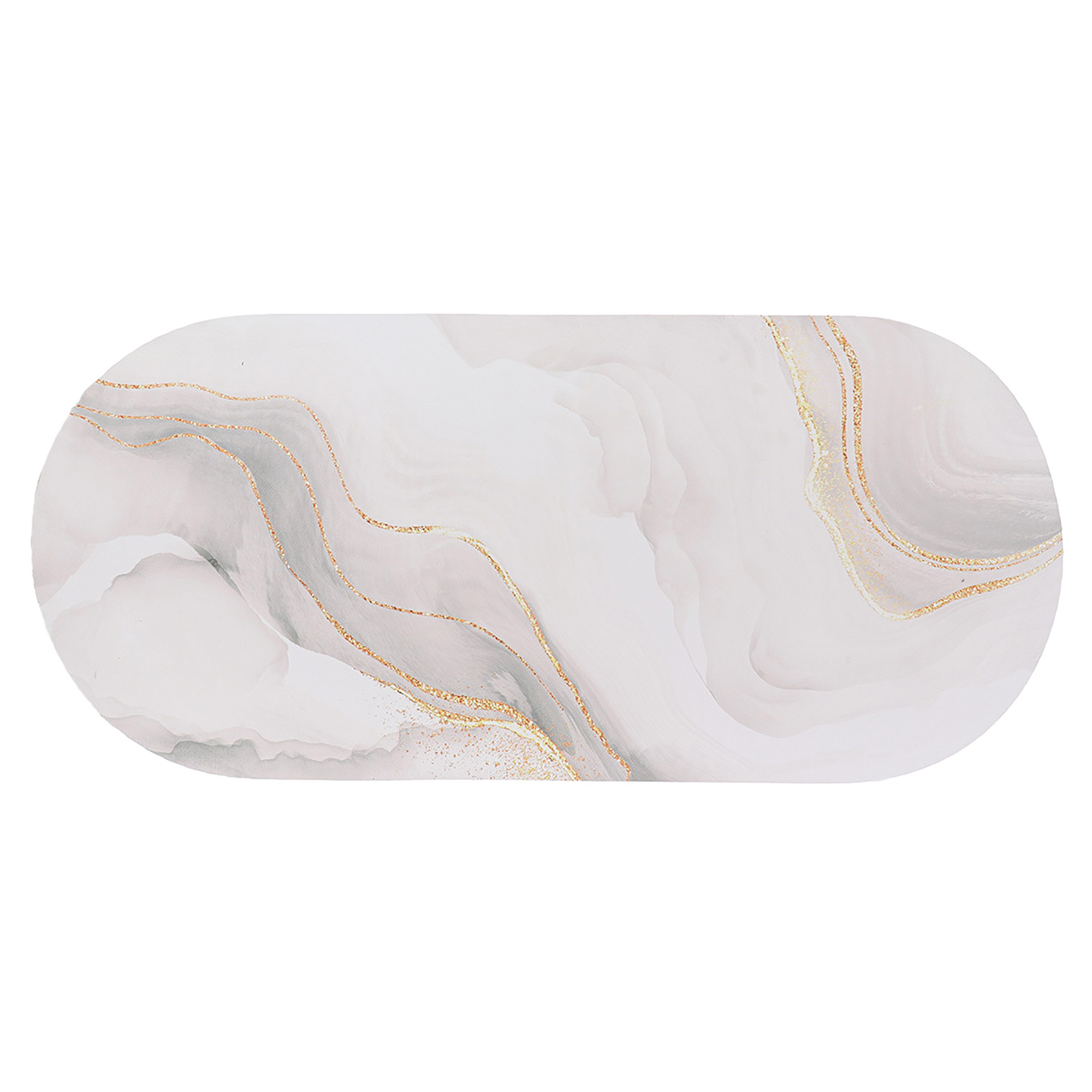 Oval bath mat with soft marble swirl design and golden-style veining, displayed flat to show elegant surface