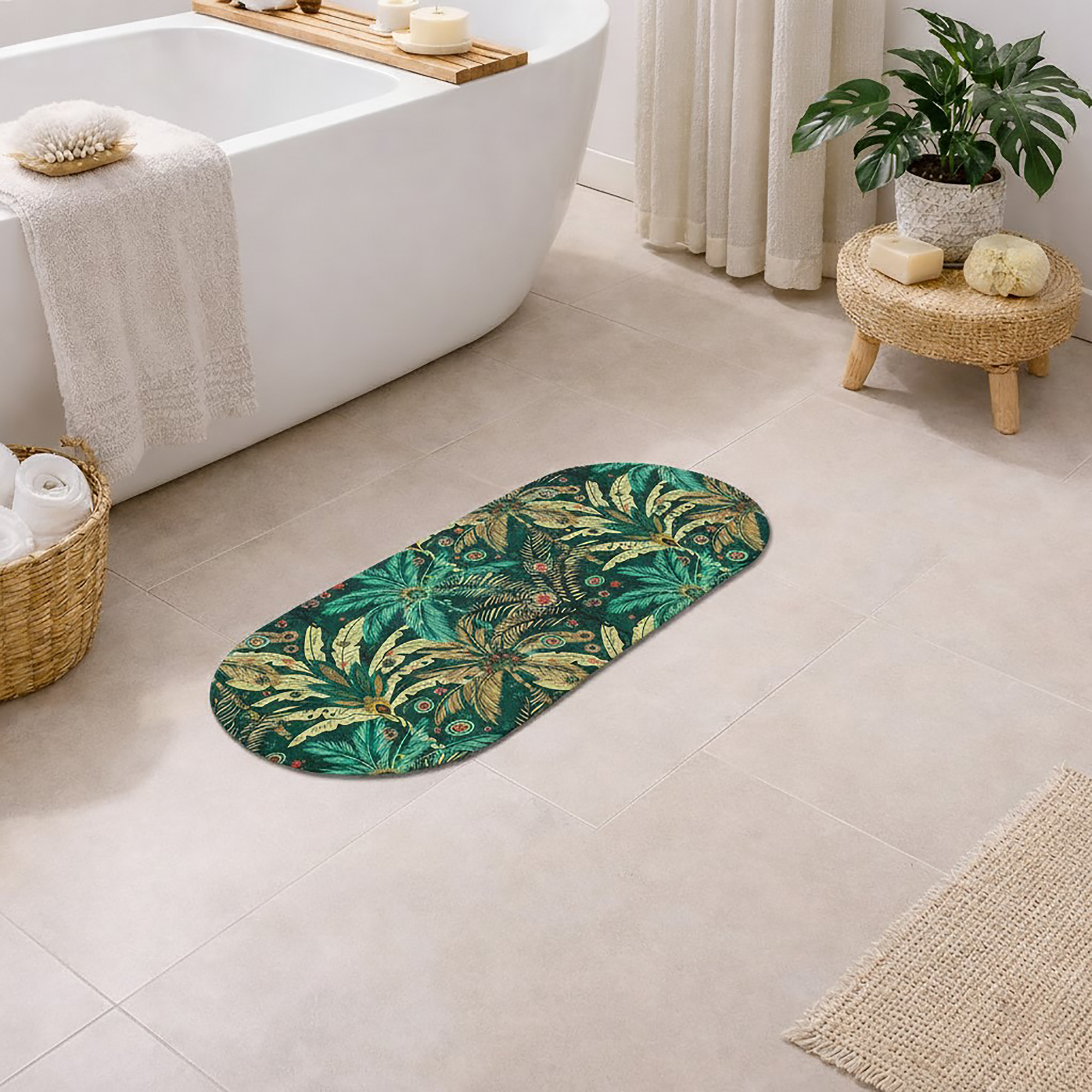 Jungle Bloom oval runner mat beside tub, adding colorful tropical flair to a neutral bathroom