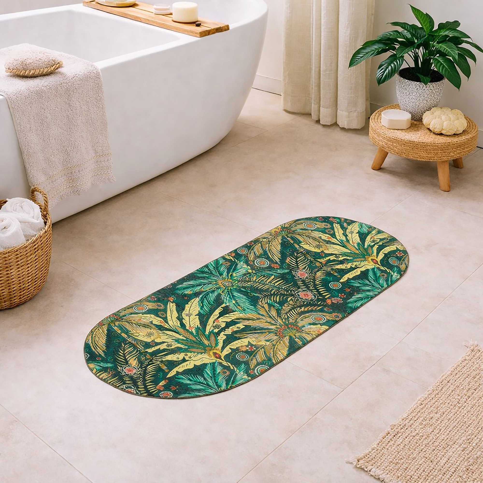 Jungle Bloom Runner Bath Mat 40x18 – Ultra Absorbent Quick Dry Rug with Anti-Slip Rubber Backing