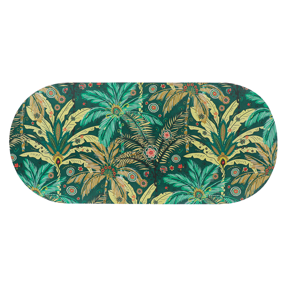 Oval mat with lush green tropical leaves and floral patterns, displayed flat to reveal full vibrant design