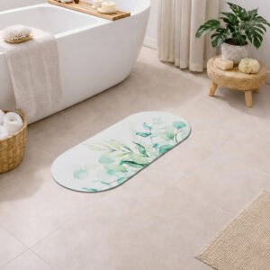 Eucalyptus Mist oval mat beside tub in a sunlit bathroom, adding a clean and airy botanical accent
