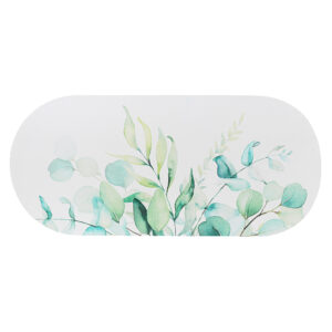 Oval bath mat with soft watercolor eucalyptus leaves on white background, shown flat for full pattern view