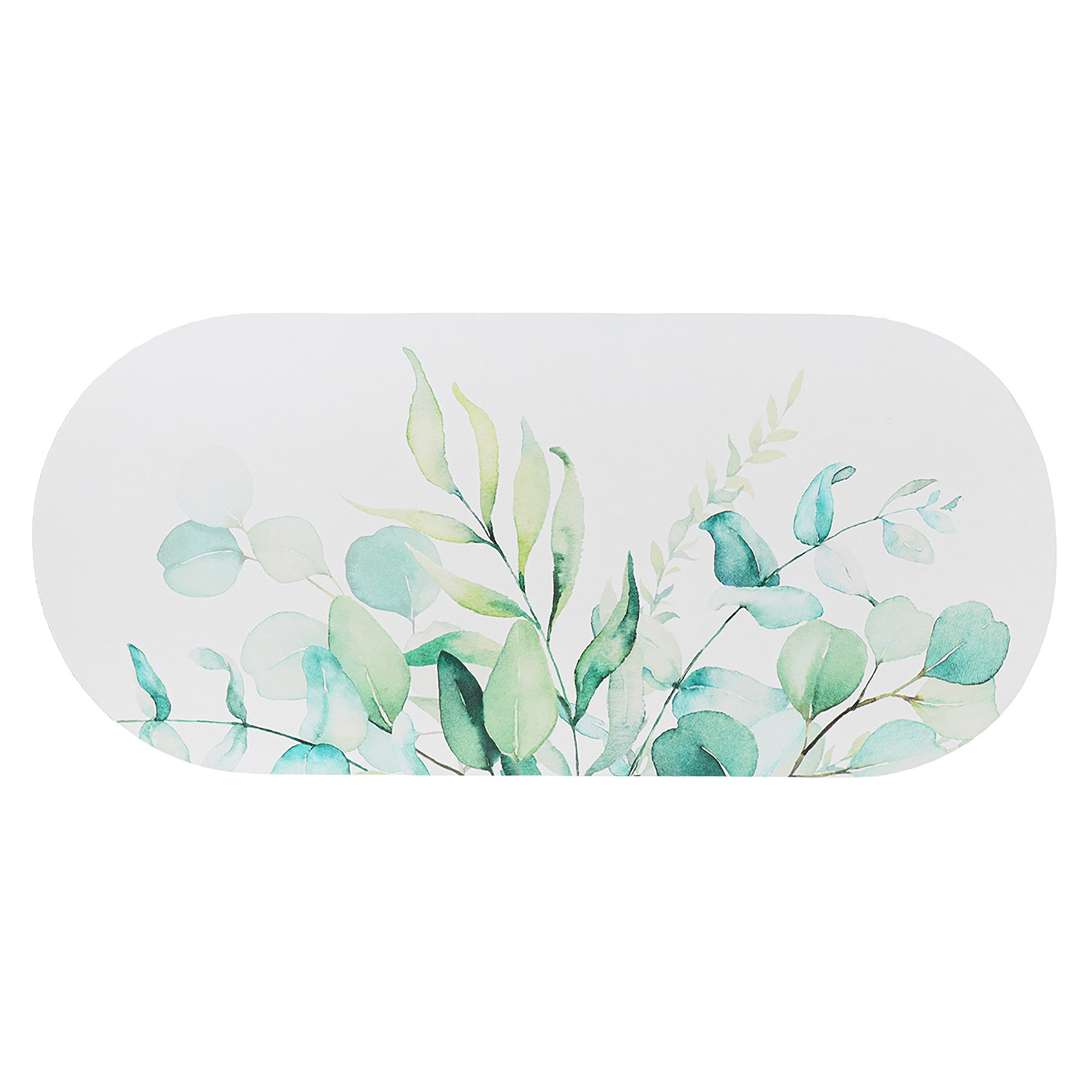 Oval bath mat with soft watercolor eucalyptus leaves on white background, shown flat for full pattern view