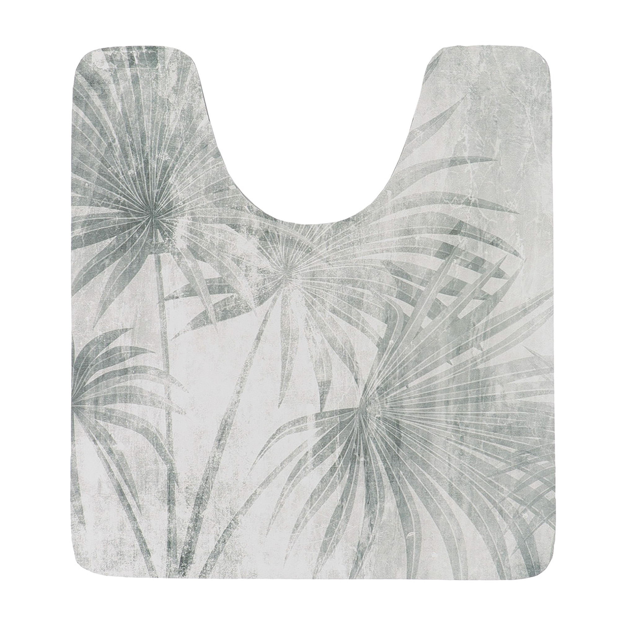 Contour bath mat with soft gray palm leaves and U-shaped cutout, shown flat to highlight tropical design