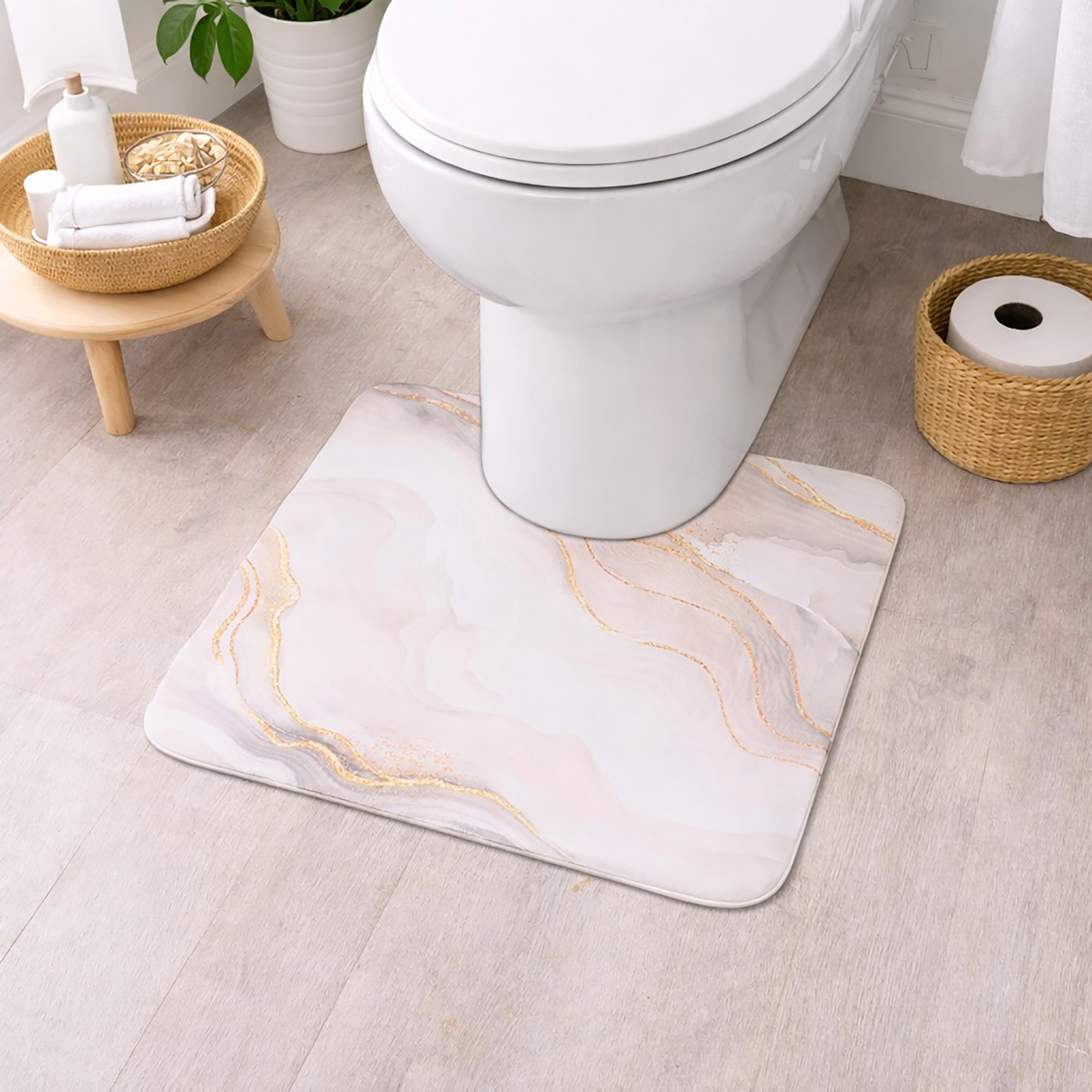 White contour bath mat with gold marble vein pattern