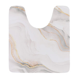 Contour mat with marble swirl in neutral tones and gold-inspired accents, shown flat with U-shape cutout