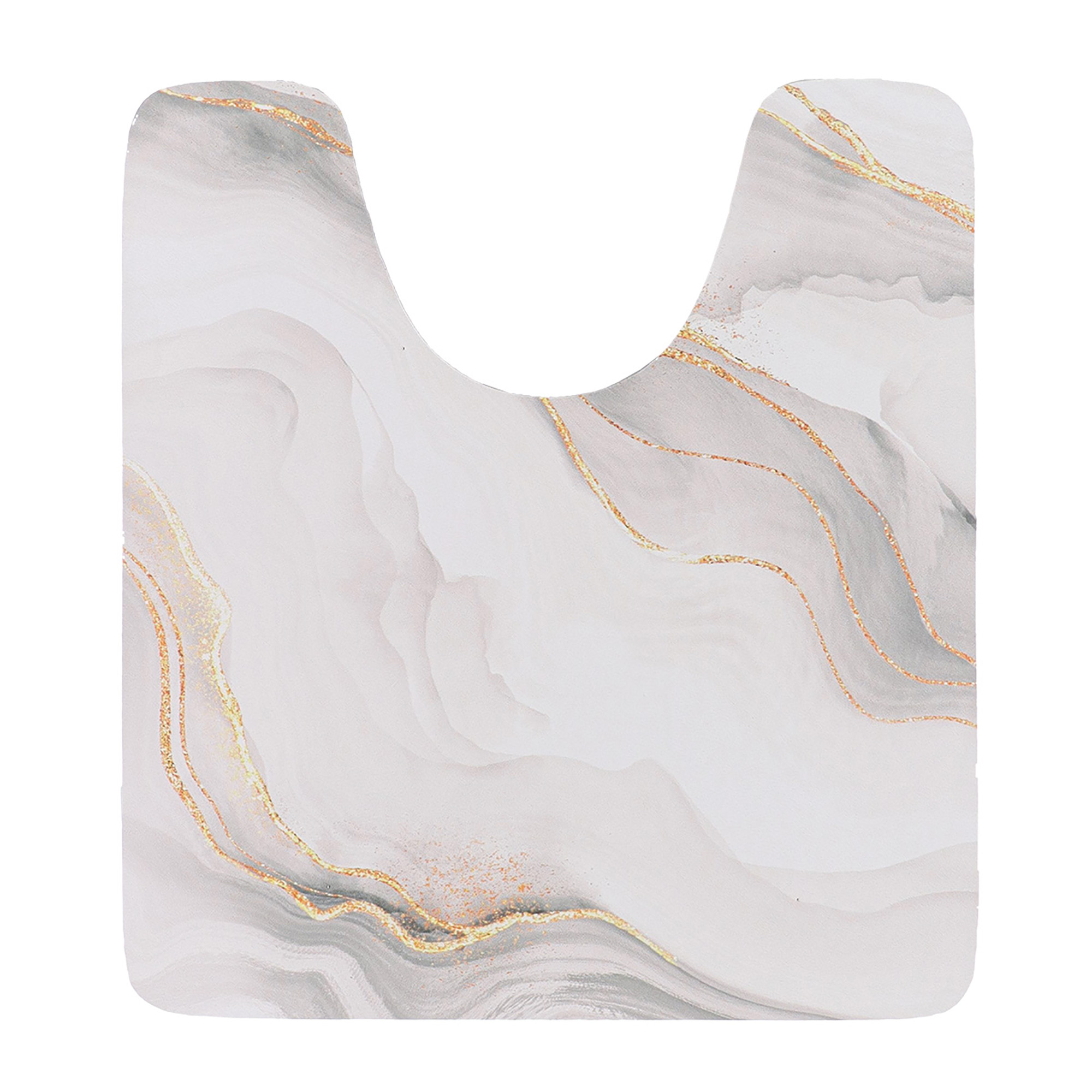 Contour mat with marble swirl in neutral tones and gold-inspired accents, shown flat with U-shape cutout