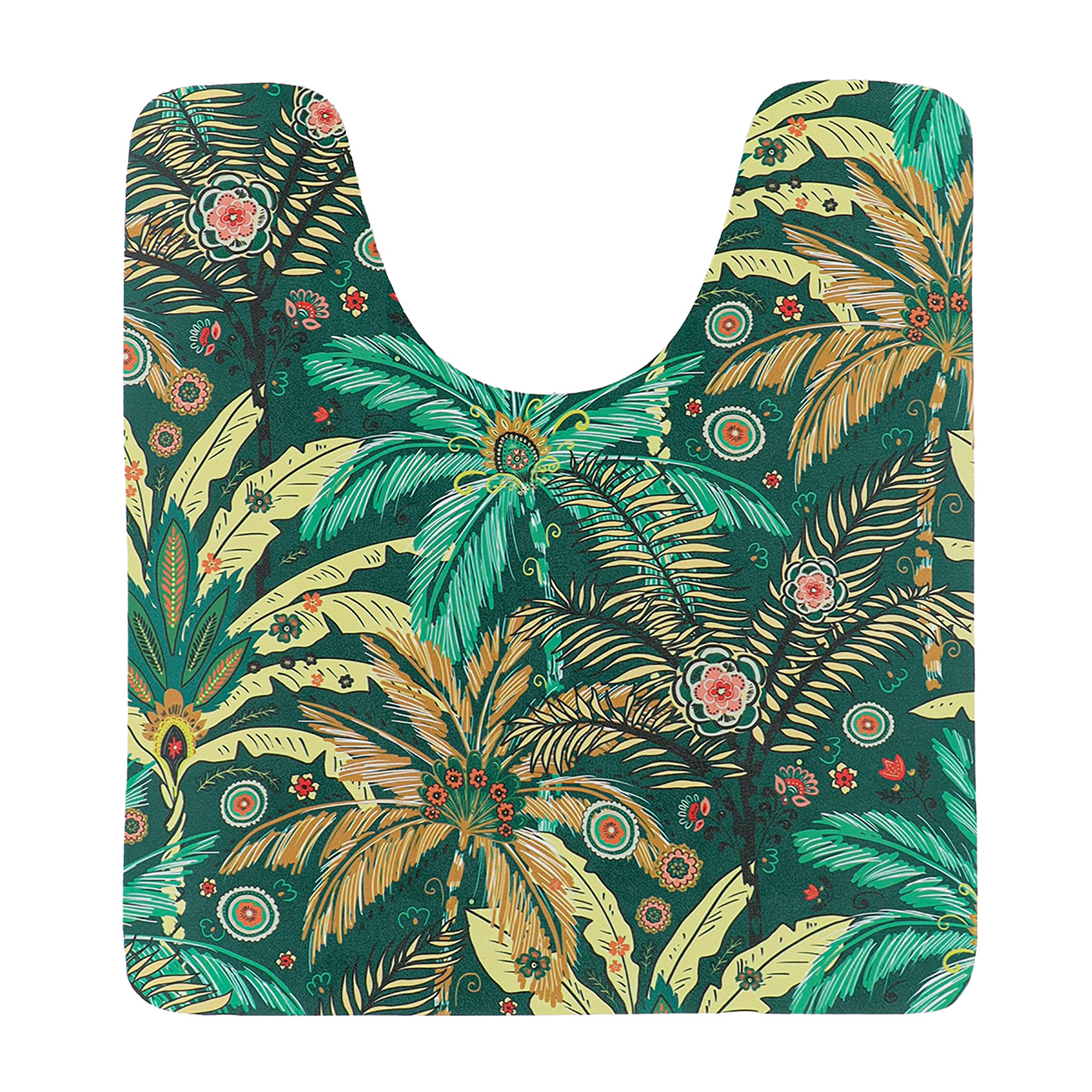 Contour mat with vibrant green leaves and floral accents, flat view with U-shape cut for toilet base