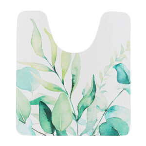 Contour bath mat with watercolor eucalyptus leaf print on white background, flat top view with U-shape