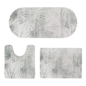 Flat lay of 3-piece bath mat set including oval runner, contour mat, and standard mat in soft gray palm pattern