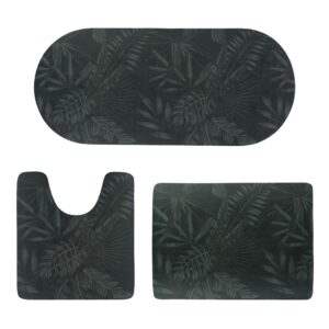 Flat view of 3-piece set in deep green foliage design, featuring runner, contour, and standard bath mats