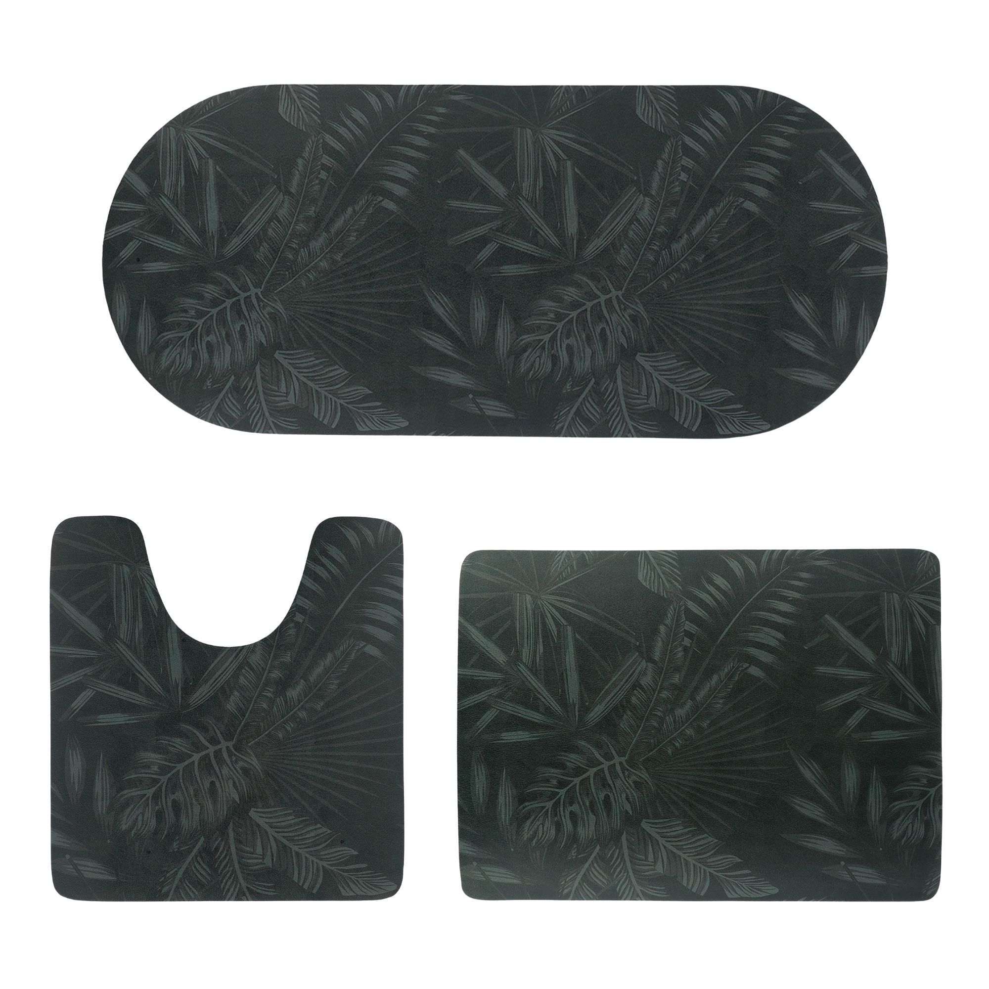Flat view of 3-piece set in deep green foliage design, featuring runner, contour, and standard bath mats
