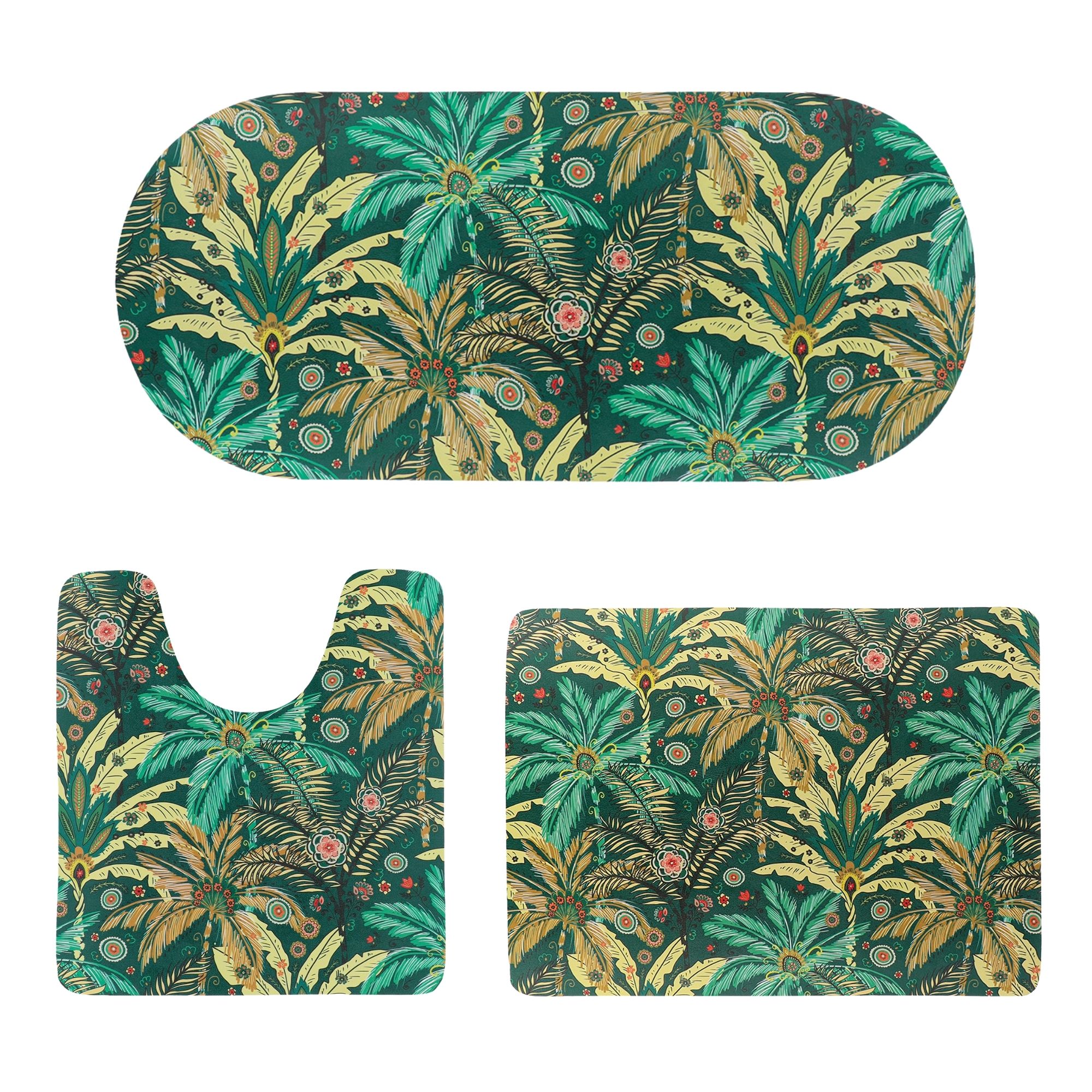 Top view of 3-piece mat set in vibrant tropical pattern with multicolor leaves and floral details