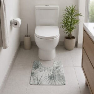 Palm Breeze contour mat styled in modern bathroom with toilet and palm plant
