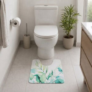 Eucalyptus Mist contour mat styled in modern bathroom with toilet and palm plant