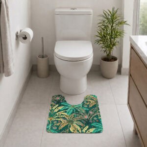 Jungle Bloom contour mat styled in modern bathroom with toilet and palm plant