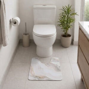 Marble Vein contour mat styled in modern bathroom with toilet and palm plant