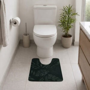 Tropical Night contour mat styled in modern bathroom with toilet and palm plant